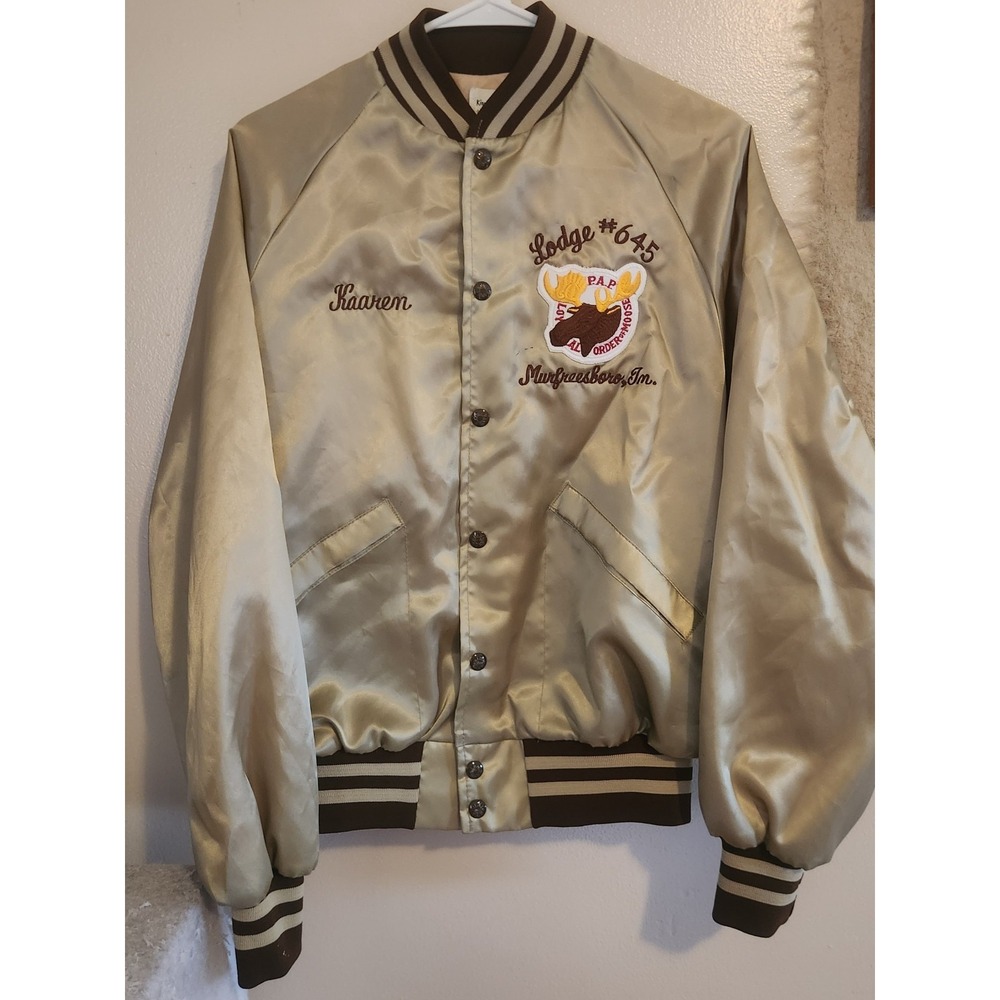 Vintage Satin Bomber Jacket Gold Lodge #645 King Louie Size Medium 40/42